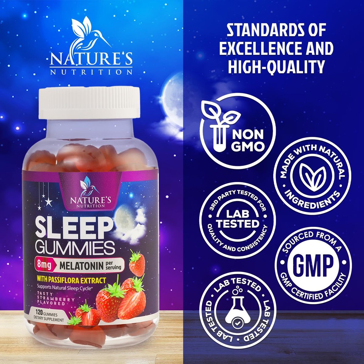 Schlaf Gummis - 8mg Melatonin pro Portion - Mit Passionsblumenextrakt für erholsamen Schlaf - Schnell wirkendes Melatonin-Gummi für Erwachsene, Vegan, Nicht-GVO, Leckerer Erdbeergeschmack - 120 Gummis