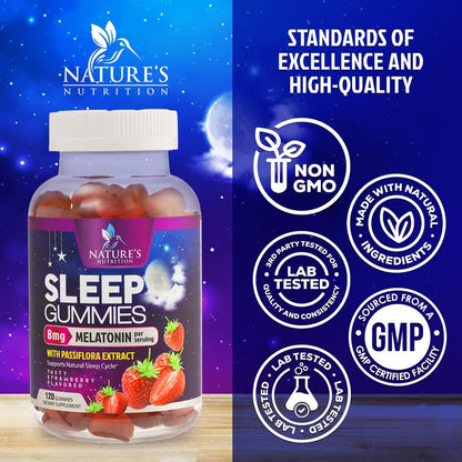 Schlaf Gummis - 8mg Melatonin pro Portion - Mit Passionsblumenextrakt für erholsamen Schlaf - Schnell wirkendes Melatonin-Gummi für Erwachsene, Vegan, Nicht-GVO, Leckerer Erdbeergeschmack - 120 Gummis