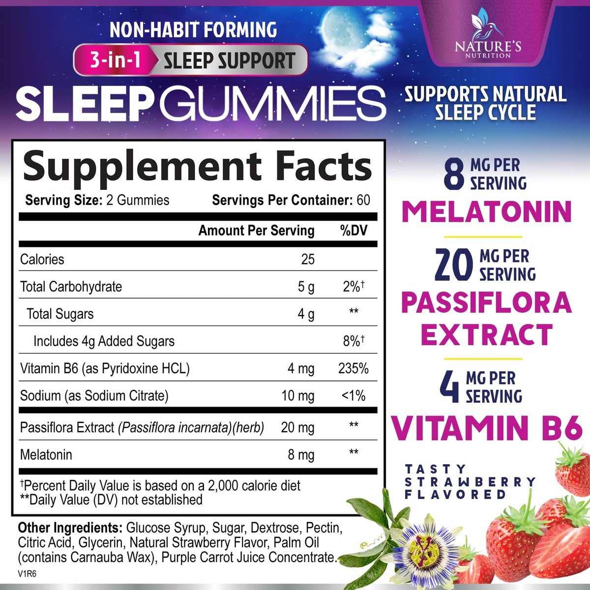 Schlaf Gummis - 8mg Melatonin pro Portion - Mit Passionsblumenextrakt für erholsamen Schlaf - Schnell wirkendes Melatonin-Gummi für Erwachsene, Vegan, Nicht-GVO, Leckerer Erdbeergeschmack - 120 Gummis