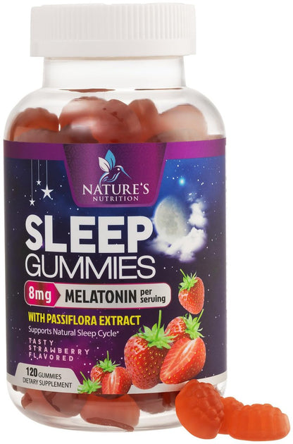 Schlaf Gummis - 8mg Melatonin pro Portion - Mit Passionsblumenextrakt für erholsamen Schlaf - Schnell wirkendes Melatonin-Gummi für Erwachsene, Vegan, Nicht-GVO, Leckerer Erdbeergeschmack - 120 Gummis