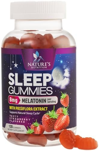 Schlaf Gummis - 8mg Melatonin pro Portion - Mit Passionsblumenextrakt für erholsamen Schlaf - Schnell wirkendes Melatonin-Gummi für Erwachsene, Vegan, Nicht-GVO, Leckerer Erdbeergeschmack - 120 Gummis