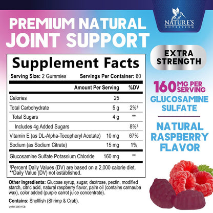 Gelenkunterstützung Gummis - Glucosamin Plus Vitamin E - Natürliches Nahrungsergänzungsmittel für gelegentliche Beschwerden in Rücken, Knien und Händen - Knorpel- und Gelenkgesundheit & Flexibilität - 120 Gummis