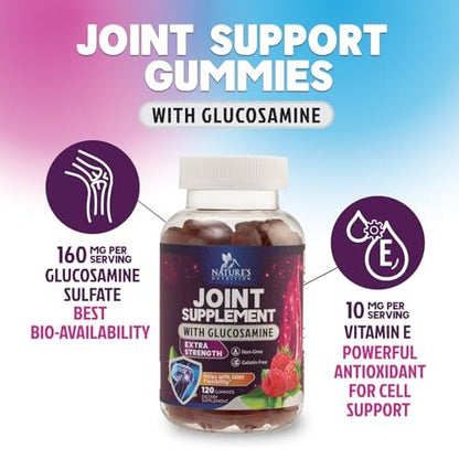 Gelenkunterstützung Gummis - Glucosamin Plus Vitamin E - Natürliches Nahrungsergänzungsmittel für gelegentliche Beschwerden in Rücken, Knien und Händen - Knorpel- und Gelenkgesundheit & Flexibilität - 120 Gummis