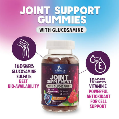 Gelenkunterstützung Gummis - Glucosamin Plus Vitamin E - Natürliches Nahrungsergänzungsmittel für gelegentliche Beschwerden in Rücken, Knien und Händen - Knorpel- und Gelenkgesundheit & Flexibilität - 120 Gummis