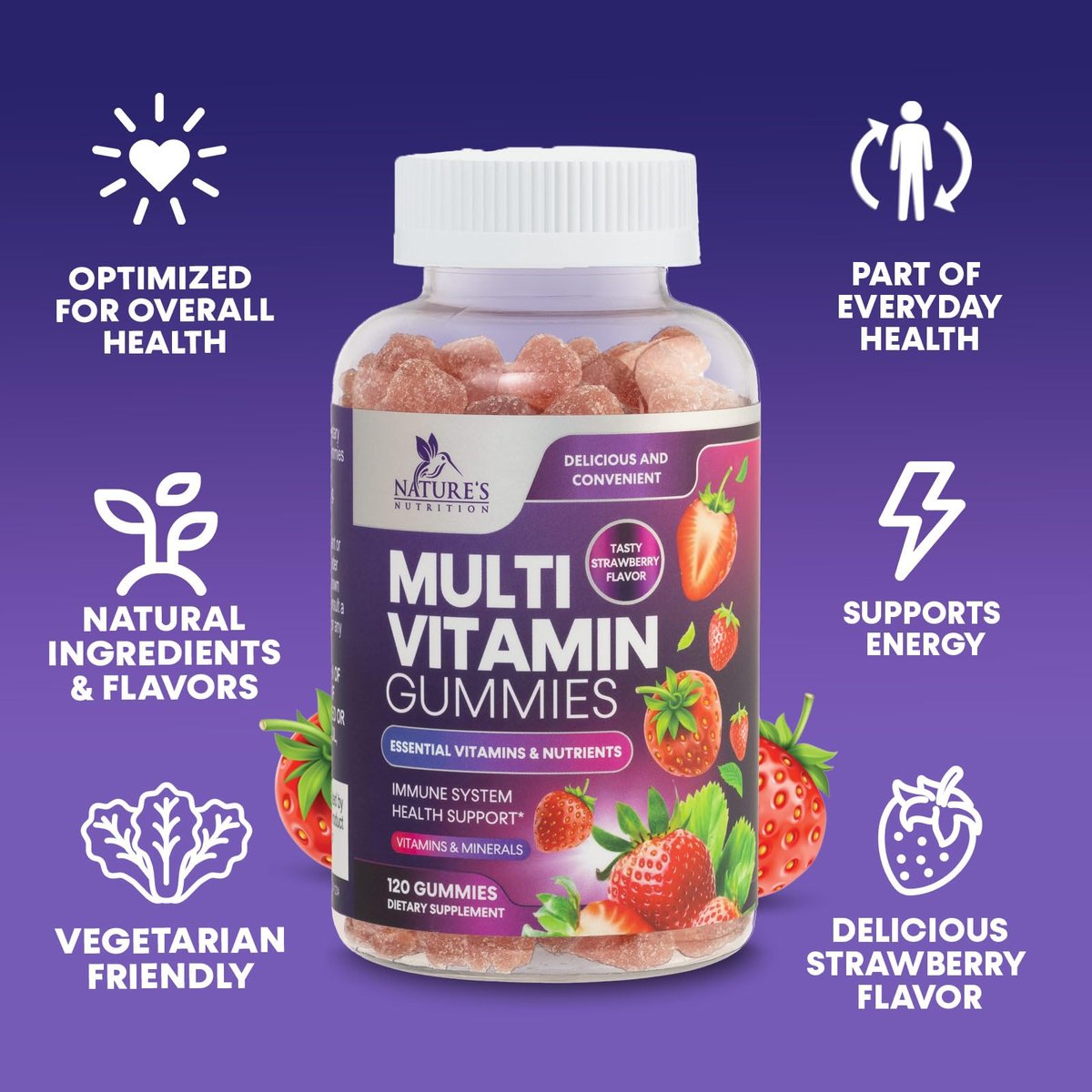 Multivitamin Gummis für Erwachsene – Tägliche Multivitamin-Gummis mit Vitamin A, C, D, B12 für Frauen & Männer, Immununterstützung – 120 Gummis