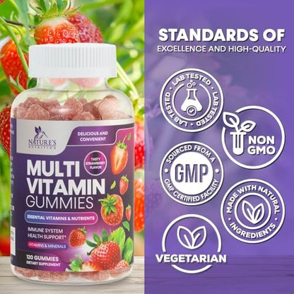 Multivitamin Gummis für Erwachsene – Tägliche Multivitamin-Gummis mit Vitamin A, C, D, B12 für Frauen & Männer, Immununterstützung – 120 Gummis