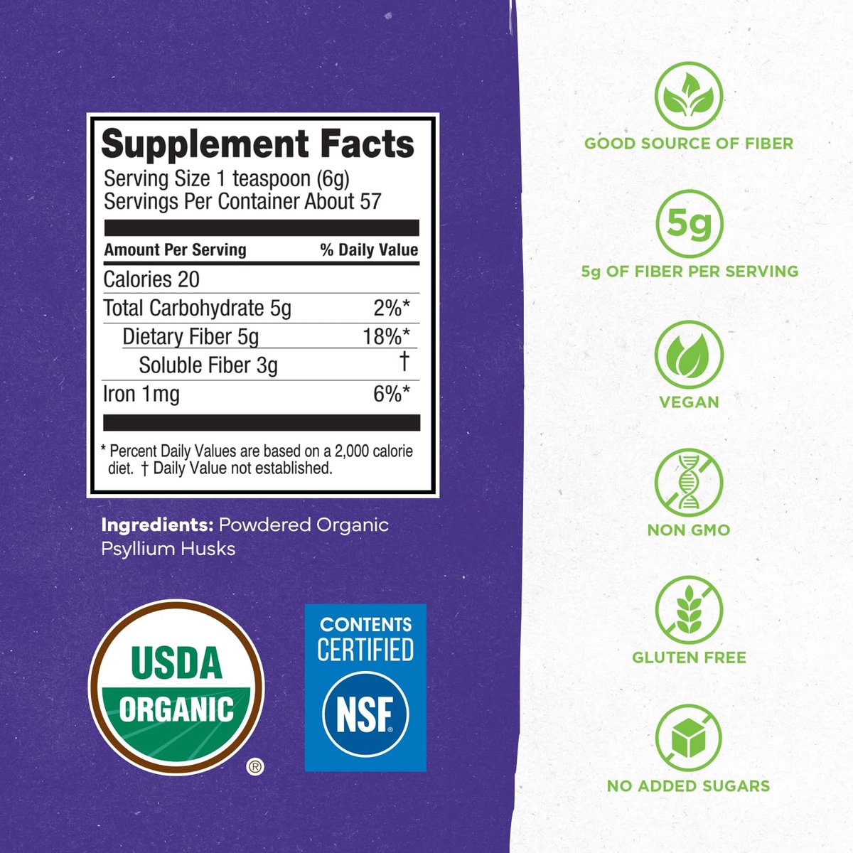 Konsyl USDA Bio-Flohsamenschalenpulver – 340g, 60 Portionen, ungesüßt, löslicher Ballaststoff für Verdauung und Darmgesundheit, zuckerfrei, keto- und veganfreundlich