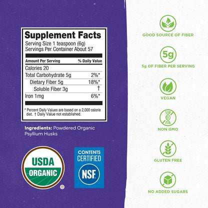 Konsyl USDA Bio-Flohsamenschalenpulver – 340g, 60 Portionen, ungesüßt, löslicher Ballaststoff für Verdauung und Darmgesundheit, zuckerfrei, keto- und veganfreundlich