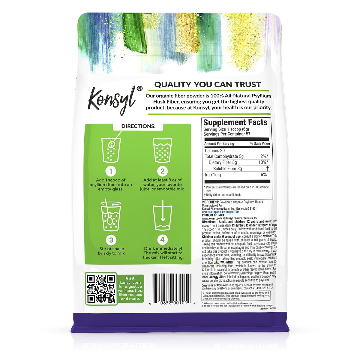 Konsyl USDA Bio-Flohsamenschalenpulver – 340g, 60 Portionen, ungesüßt, löslicher Ballaststoff für Verdauung und Darmgesundheit, zuckerfrei, keto- und veganfreundlich