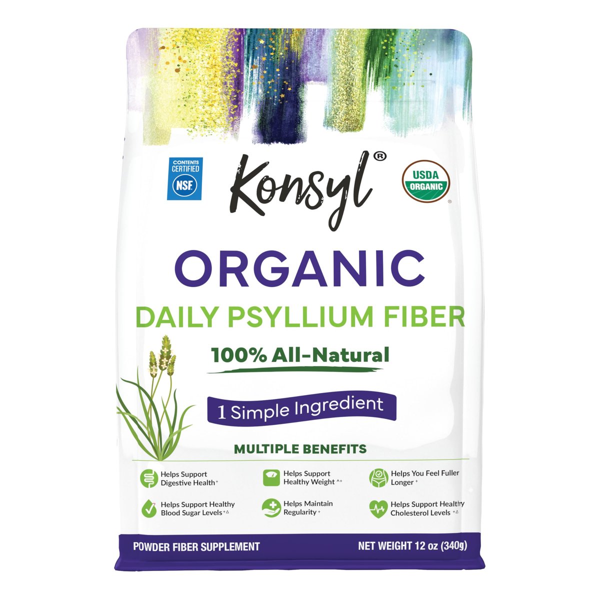 Konsyl USDA Bio-Flohsamenschalenpulver – 340g, 60 Portionen, ungesüßt, löslicher Ballaststoff für Verdauung und Darmgesundheit, zuckerfrei, keto- und veganfreundlich