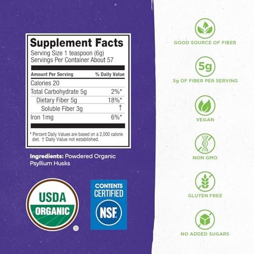 Konsyl USDA Bio-Flohsamenschalenpulver – 340g, 60 Portionen, ungesüßt, löslicher Ballaststoff für Verdauung und Darmgesundheit, zuckerfrei, keto- und veganfreundlich