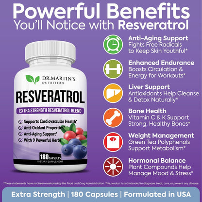 Extra Starkes Resveratrol 1568 mg – 180 Kapseln – 3 Monate Vorrat | Antioxidans Nahrungsergänzungsmittel | Natürliche Trans-Resveratrol-Pillen | Für Anti-Aging, Herzgesundheit, Immunsystem & Gehirnfunktion