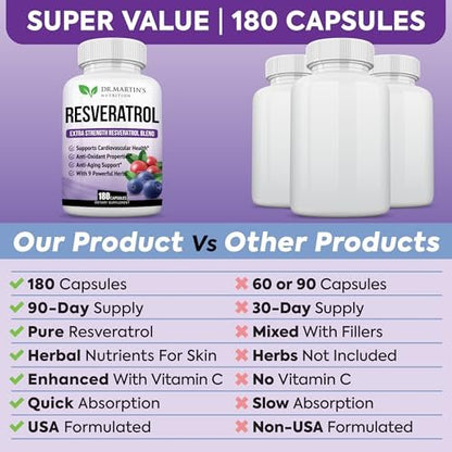 Extra Starkes Resveratrol 1568 mg – 180 Kapseln – 3 Monate Vorrat | Antioxidans Nahrungsergänzungsmittel | Natürliche Trans-Resveratrol-Pillen | Für Anti-Aging, Herzgesundheit, Immunsystem & Gehirnfunktion