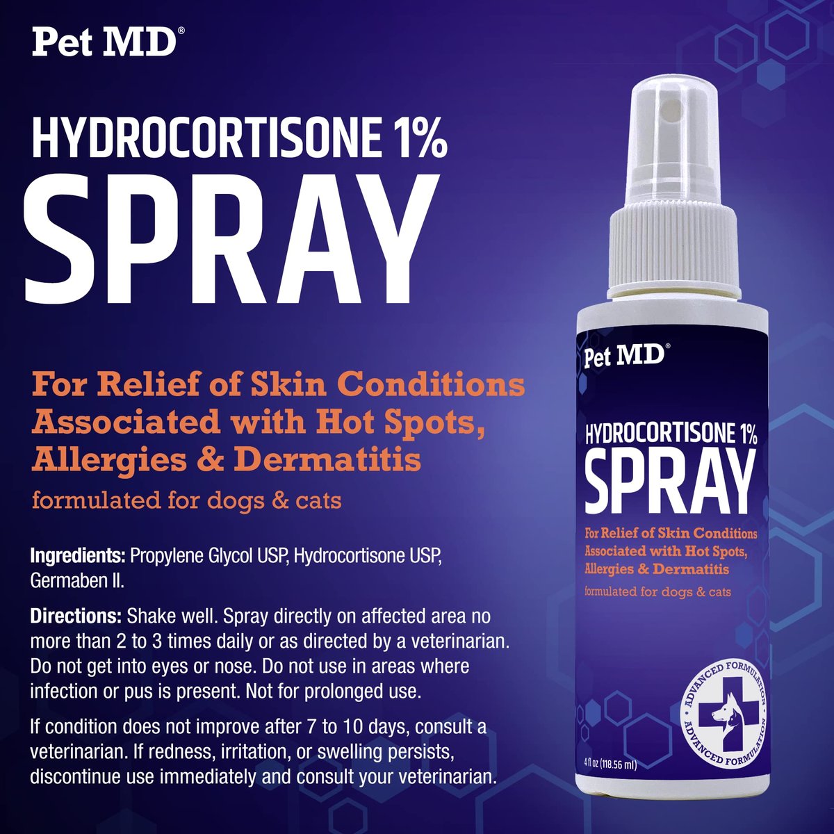 Pet MD Hydrocortison-Spray für Hunde, Katzen und Pferde – Juckreizlinderung & Hot-Spot-Behandlung bei trockener, juckender Haut, Allergien und Dermatitis – Reduziert oberflächliche Entzündungen – 118 ml