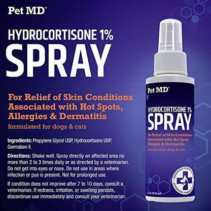 Pet MD Hydrocortison-Spray für Hunde, Katzen und Pferde – Juckreizlinderung & Hot-Spot-Behandlung bei trockener, juckender Haut, Allergien und Dermatitis – Reduziert oberflächliche Entzündungen – 118 ml