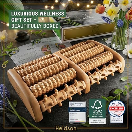 HELDSON® Fußmassageroller aus Holz – Doppelter Hand-Fußmassager für Plantarfasziitis, unter dem Schreibtisch, mit Reflexzonen-Guide – Geschenk für Männer und Frauen