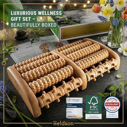 HELDSON® Fußmassageroller aus Holz – Doppelter Hand-Fußmassager für Plantarfasziitis, unter dem Schreibtisch, mit Reflexzonen-Guide – Geschenk für Männer und Frauen