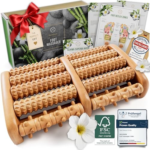 HELDSON® Fußmassageroller aus Holz – Doppelter Hand-Fußmassager für Plantarfasziitis, unter dem Schreibtisch, mit Reflexzonen-Guide – Geschenk für Männer und Frauen