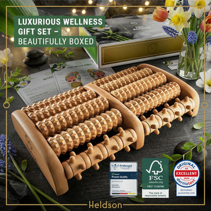HELDSON® Fußmassageroller aus Holz – Doppelter Hand-Fußmassager für Plantarfasziitis, unter dem Schreibtisch, mit Reflexzonen-Guide – Geschenk für Männer und Frauen