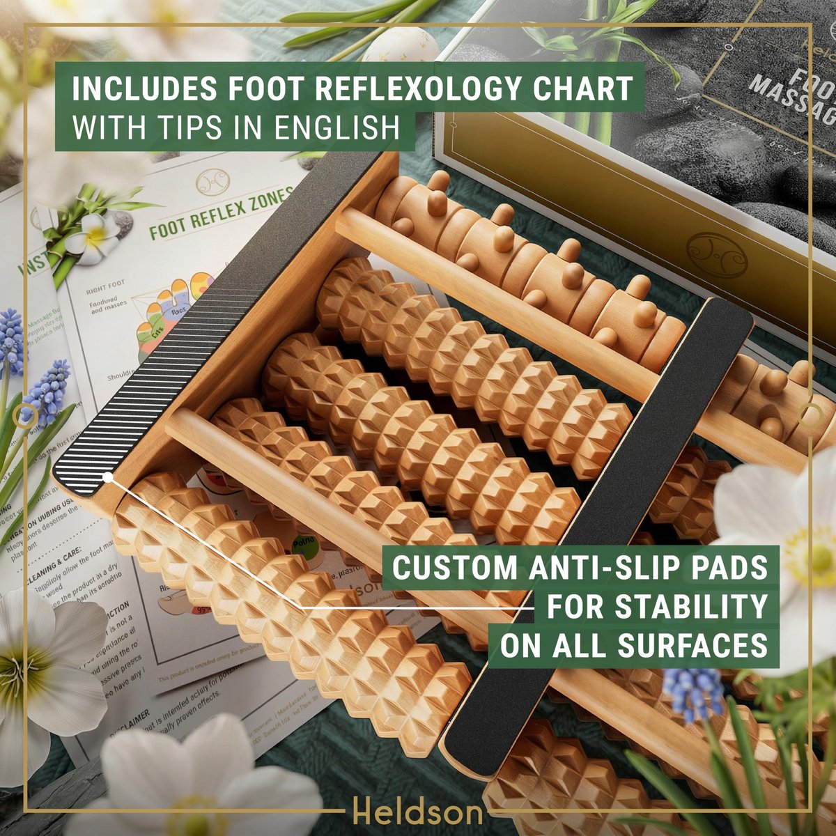 HELDSON® Fußmassageroller aus Holz – Doppelter Hand-Fußmassager für Plantarfasziitis, unter dem Schreibtisch, mit Reflexzonen-Guide – Geschenk für Männer und Frauen