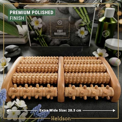 HELDSON® Fußmassageroller aus Holz – Doppelter Hand-Fußmassager für Plantarfasziitis, unter dem Schreibtisch, mit Reflexzonen-Guide – Geschenk für Männer und Frauen