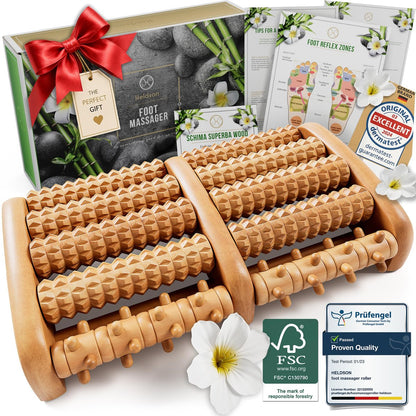 HELDSON® Fußmassageroller aus Holz – Doppelter Hand-Fußmassager für Plantarfasziitis, unter dem Schreibtisch, mit Reflexzonen-Guide – Geschenk für Männer und Frauen