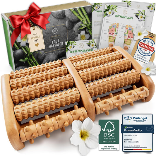 HELDSON® Fußmassageroller aus Holz – Doppelter Hand-Fußmassager für Plantarfasziitis, unter dem Schreibtisch, mit Reflexzonen-Guide – Geschenk für Männer und Frauen