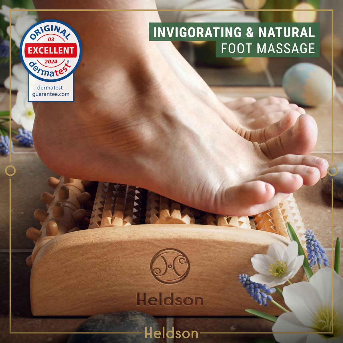 HELDSON® Fußmassageroller aus Holz – Doppelter Hand-Fußmassager für Plantarfasziitis, unter dem Schreibtisch, mit Reflexzonen-Guide – Geschenk für Männer und Frauen