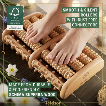HELDSON® Fußmassageroller aus Holz – Doppelter Hand-Fußmassager für Plantarfasziitis, unter dem Schreibtisch, mit Reflexzonen-Guide – Geschenk für Männer und Frauen