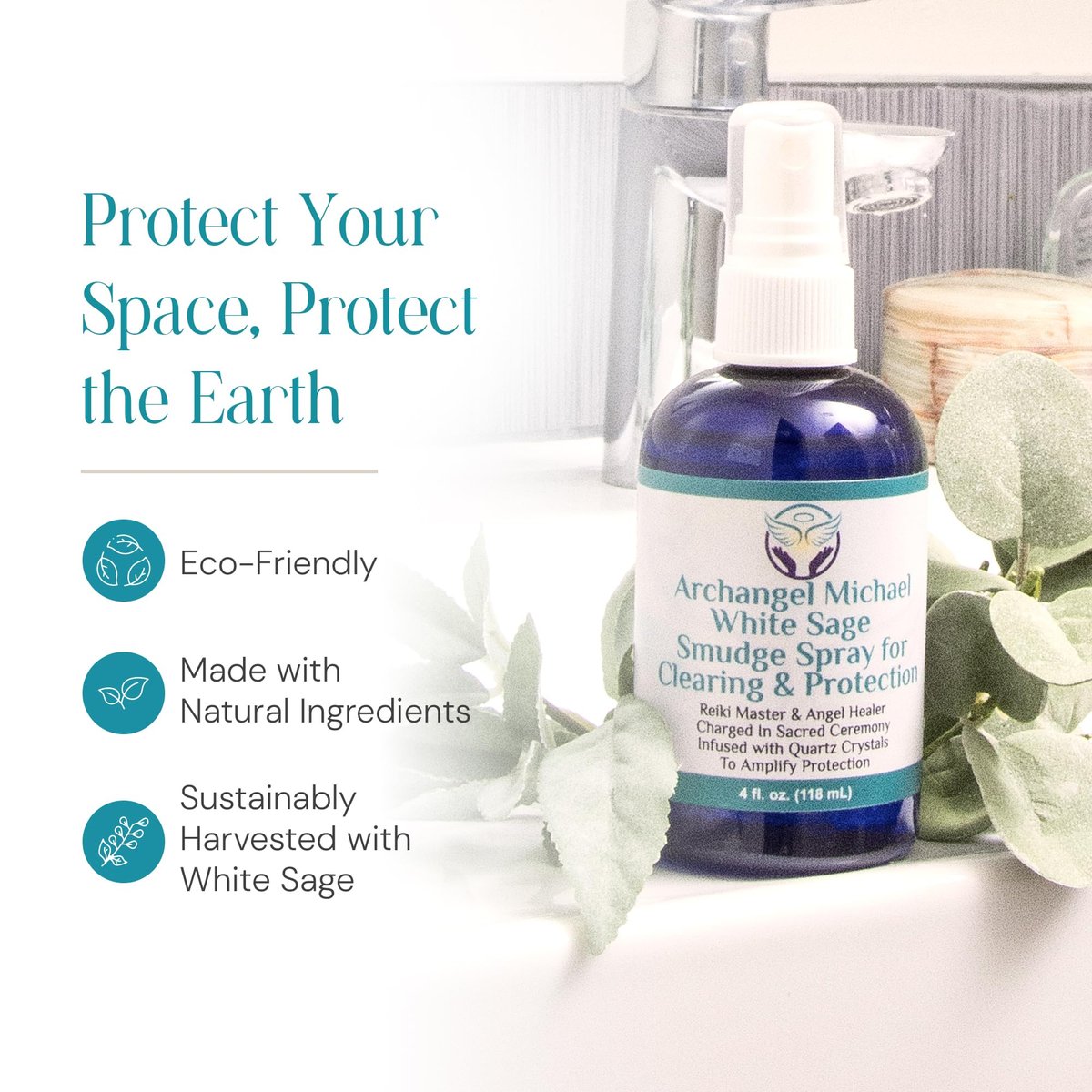 Heal the Masses Weißer Salbei Spray: Smudge Spray für Reinigung und Schutz – Rauchfreies Flüssig-Smudging mit Quarzkristallen – Negativität lösender Reinigungsnebel – 118 ml