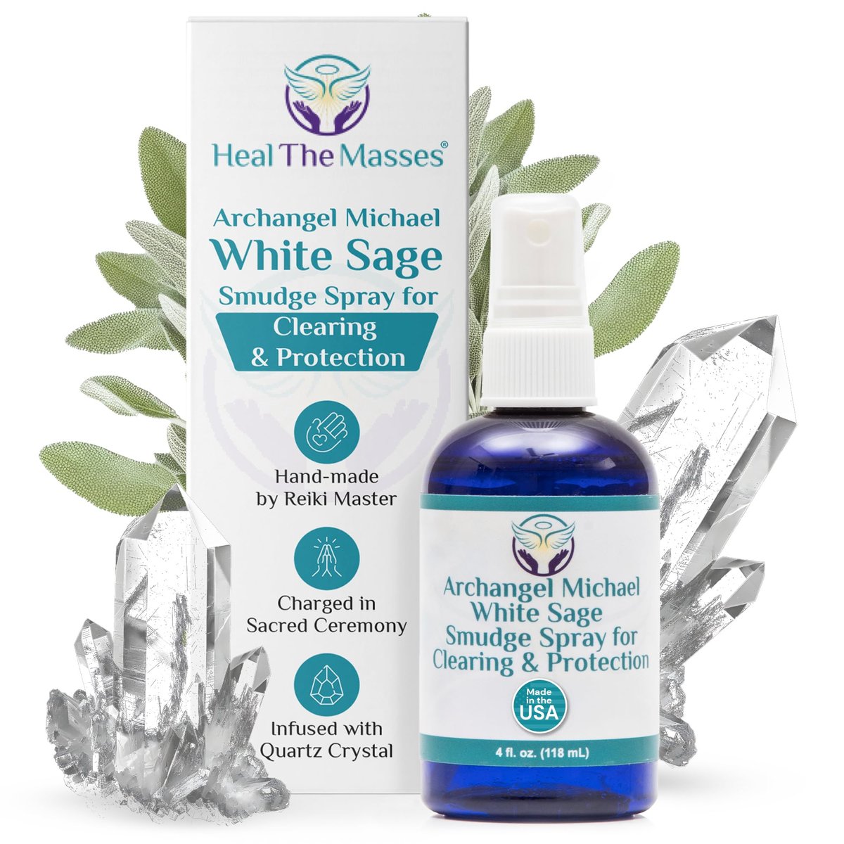 Heal the Masses Weißer Salbei Spray: Smudge Spray für Reinigung und Schutz – Rauchfreies Flüssig-Smudging mit Quarzkristallen – Negativität lösender Reinigungsnebel – 118 ml