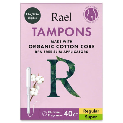 Rael Tampons mit schlankem Applikator und Bio-Baumwollkern, Multipack, reguläre und super Saugfähigkeit, BPA-frei, Leak Locker Technologie, unparfümiert, chlorfrei (40 Stück, Bundle)
