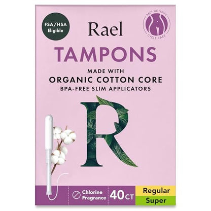 Rael Tampons mit schlankem Applikator und Bio-Baumwollkern, Multipack, reguläre und super Saugfähigkeit, BPA-frei, Leak Locker Technologie, unparfümiert, chlorfrei (40 Stück, Bundle)