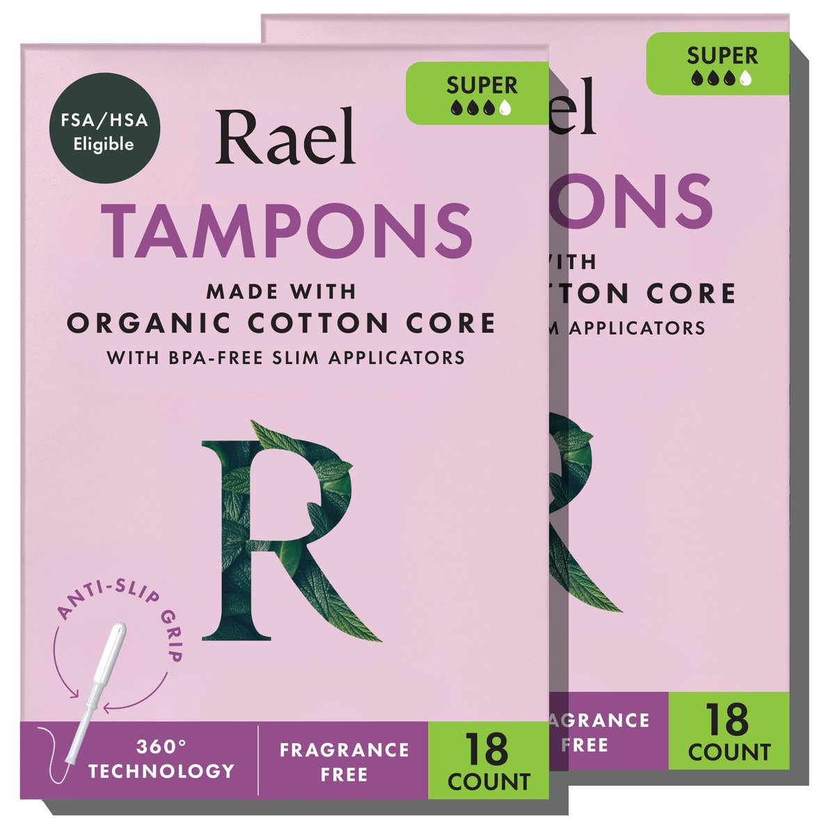 Rael Tampons mit Applikator, Bio-Baumwollkern, Super Saugfähigkeit, BPA-frei, Leak Locker Technologie, unparfümiert, chlorfrei (36 Stück, Super)
