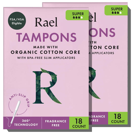 Rael Tampons mit Applikator, Bio-Baumwollkern, Super Saugfähigkeit, BPA-frei, Leak Locker Technologie, unparfümiert, chlorfrei (36 Stück, Super)