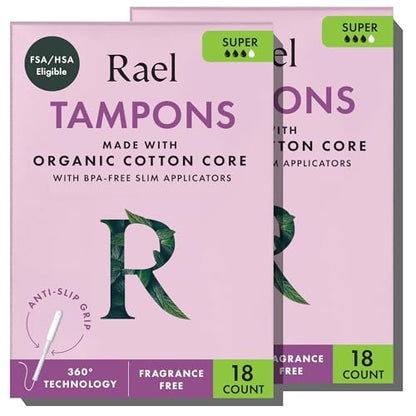 Rael Tampons mit Applikator, Bio-Baumwollkern, Super Saugfähigkeit, BPA-frei, Leak Locker Technologie, unparfümiert, chlorfrei (36 Stück, Super)