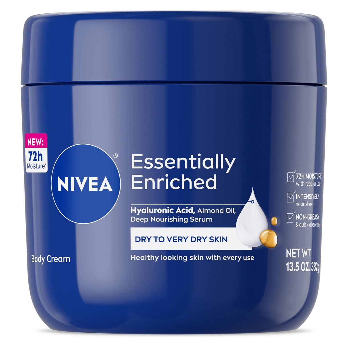 NIVEA Essentially Enriched Body Creme für trockene bis sehr trockene Haut mit Hyaluronsäure, Tiefenpflegeserum und Mandelöl, 72-Stunden-Feuchtigkeitspflege, 400 ml Glas