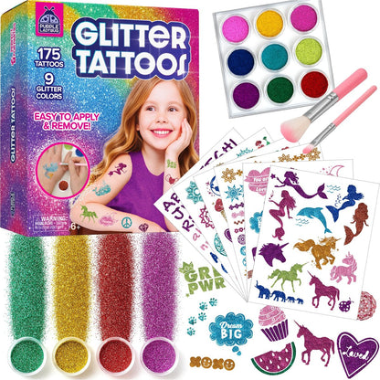 PURPLE LADYBUG Glitzer-Tattoos für Kinder – 175 Motive Glitzer-Tattoo Set, temporäre Fake-Tattoos, lustiges Geschenk für 6-jährige Mädchen, Mädchenspielzeug ab 6-8 Jahren, Bastelspaß für Mädchen 8-12