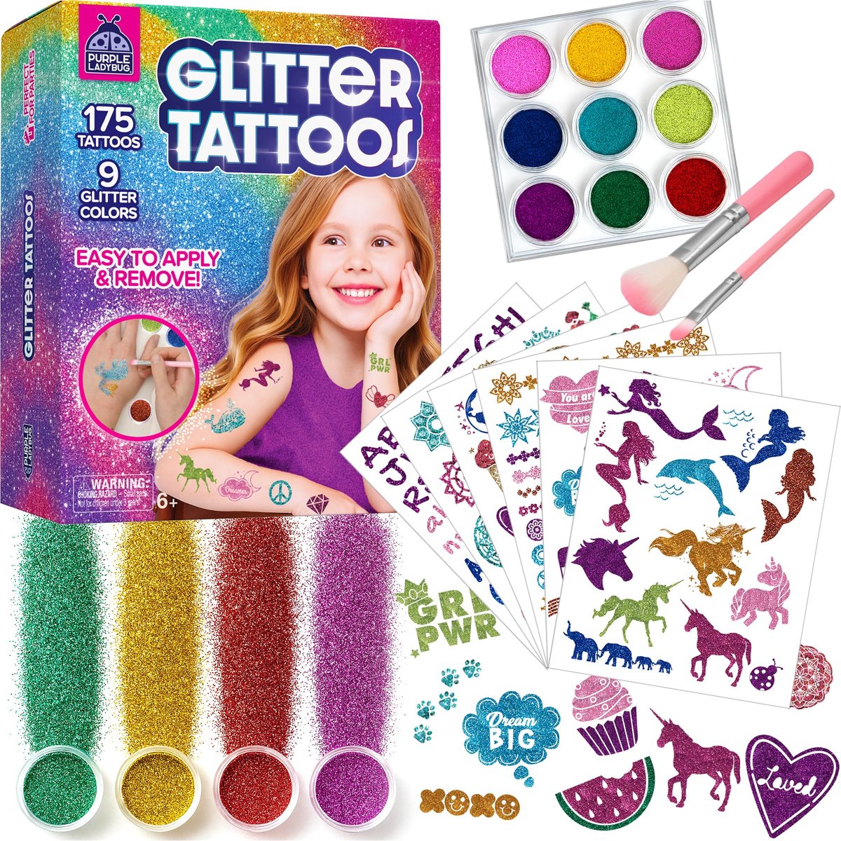 PURPLE LADYBUG Glitzer-Tattoos für Kinder – 175 Motive Glitzer-Tattoo Set, temporäre Fake-Tattoos, lustiges Geschenk für 6-jährige Mädchen, Mädchenspielzeug ab 6-8 Jahren, Bastelspaß für Mädchen 8-12