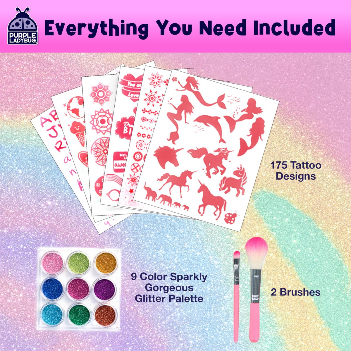 PURPLE LADYBUG Glitzer-Tattoos für Kinder – 175 Motive Glitzer-Tattoo Set, temporäre Fake-Tattoos, lustiges Geschenk für 6-jährige Mädchen, Mädchenspielzeug ab 6-8 Jahren, Bastelspaß für Mädchen 8-12