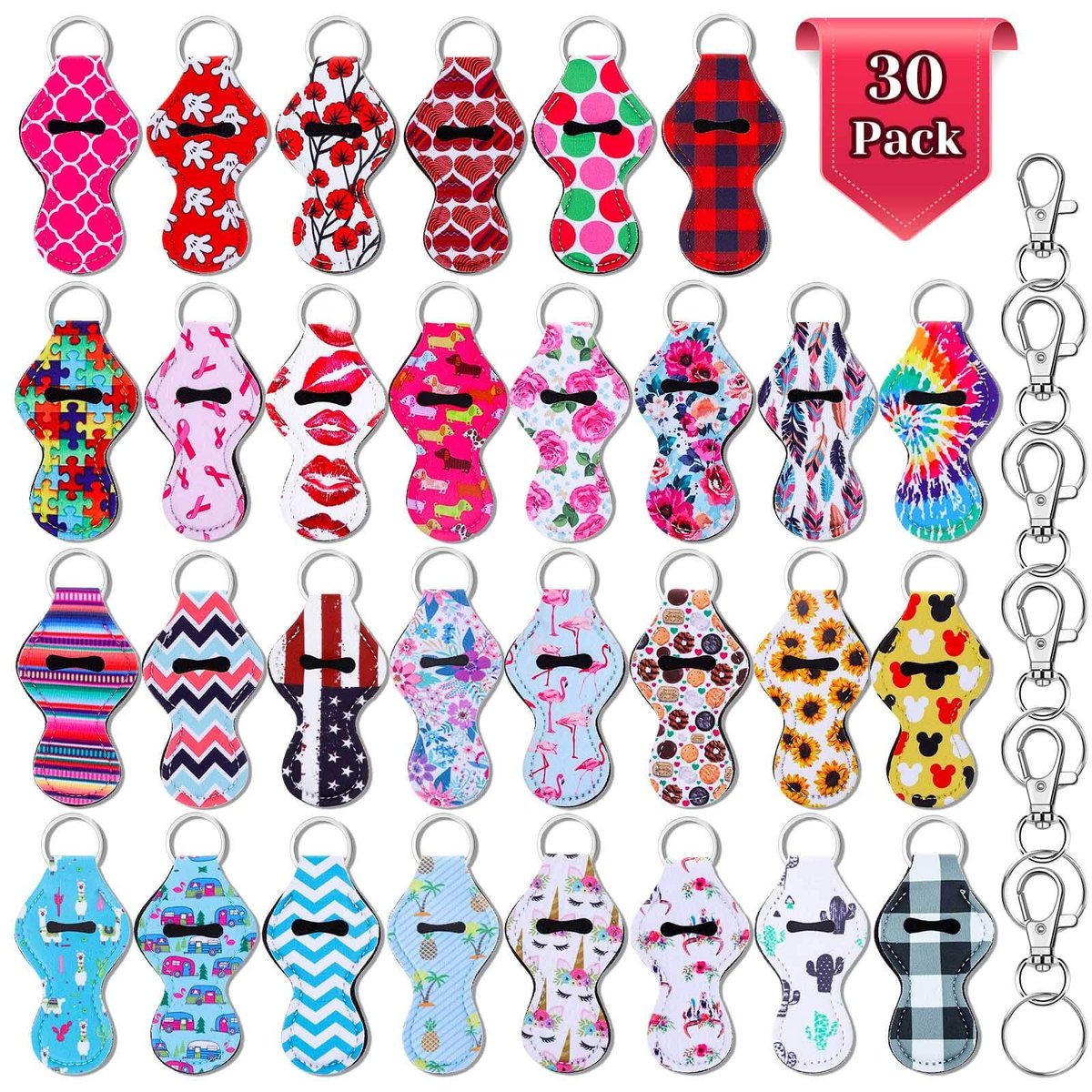 shynek Lippenbalsam-Halter Schlüsselanhänger Bulk, 30 Stück Lipgloss-Halter mit 30 Schlüsselring-Clips für Lippenstift, Lippenbalsam, Lipgloss (Gemischte Farben)