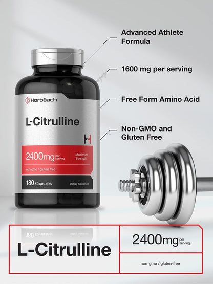 Horbaach L-Citrullin Kapseln für Männer und Frauen | 2400 mg | 180 Kapseln | Höchste Dosierung und freie Form | Non-GMO, Glutenfrei