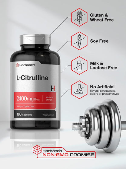 Horbaach L-Citrullin Kapseln für Männer und Frauen | 2400 mg | 180 Kapseln | Höchste Dosierung und freie Form | Non-GMO, Glutenfrei