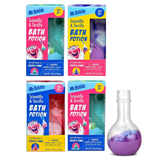 Mr. Bubble Original Bath Bomb Potions – Bunte Fizz-Badekugeln für Kinder (4er-Pack) – Schaum- und Blasen-Spaß im Labor-Stil
