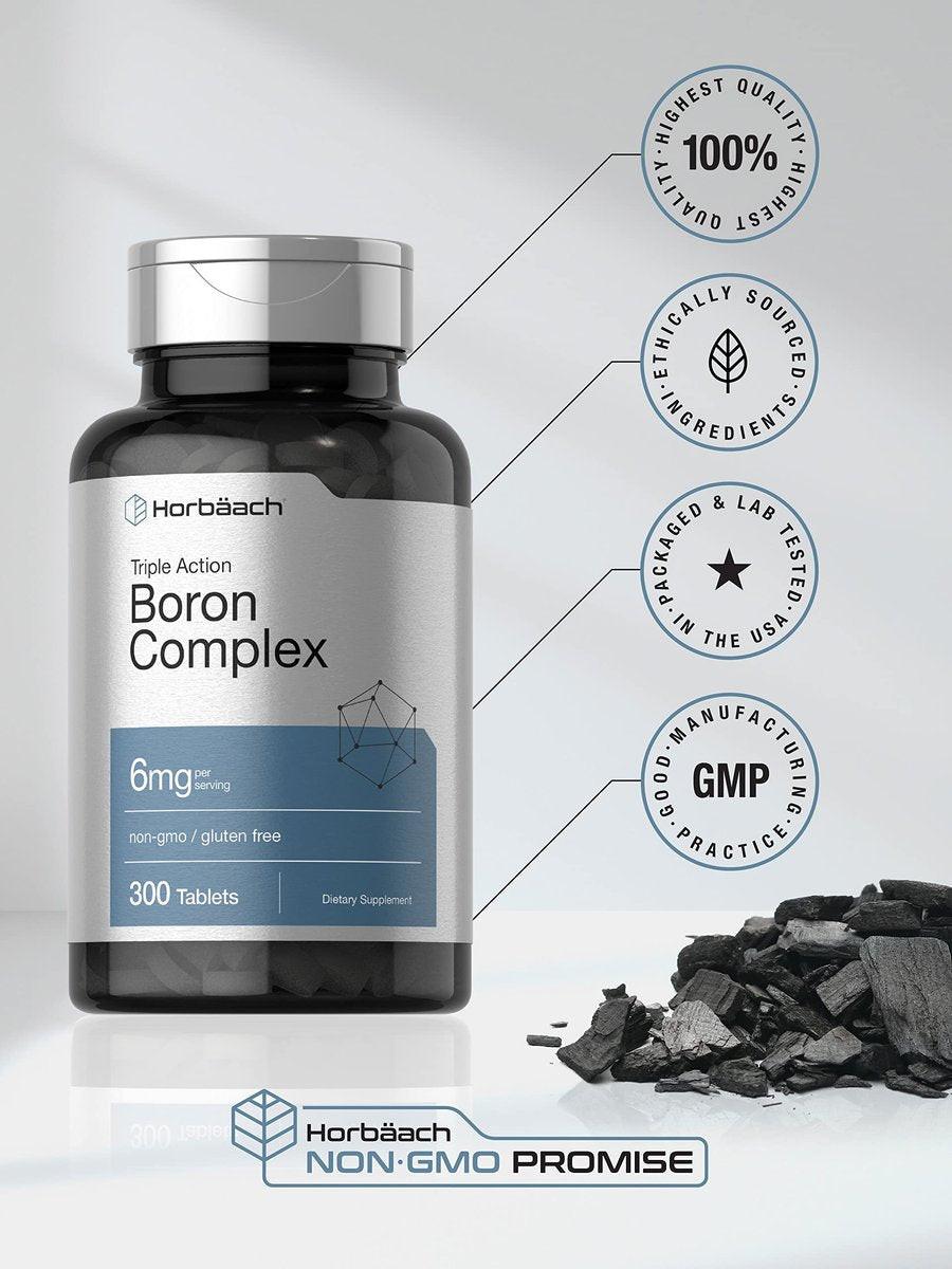 Horbäach Triple Boron Complex 6 mg – 300 Tabletten – für Männer und Frauen – Vegetarisch, Non-GMO & Glutenfrei – Boroncitrat, Boringlycinat, Boronasparat