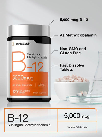 Horbäach B12 Vitamin 5000 mcg | 120 Schmelztabletten | Sublinguales Methylcobalamin | Natürlicher Beerengeschmack | Vegan, Non-GMO & Glutenfrei