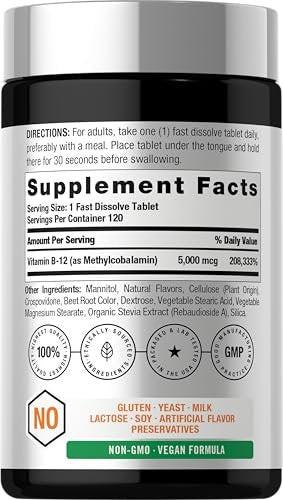 Horbäach B12 Vitamin 5000 mcg | 120 Schmelztabletten | Sublinguales Methylcobalamin | Natürlicher Beerengeschmack | Vegan, Non-GMO & Glutenfrei