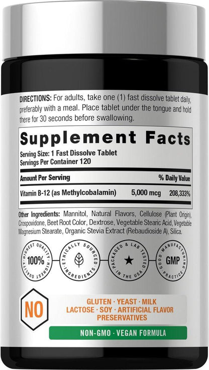 Horbäach B12 Vitamin 5000 mcg | 120 Schmelztabletten | Sublinguales Methylcobalamin | Natürlicher Beerengeschmack | Vegan, Non-GMO & Glutenfrei