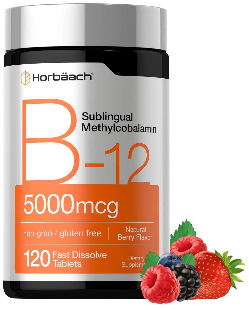 Horbäach B12 Vitamin 5000 mcg | 120 Schmelztabletten | Sublinguales Methylcobalamin | Natürlicher Beerengeschmack | Vegan, Non-GMO & Glutenfrei