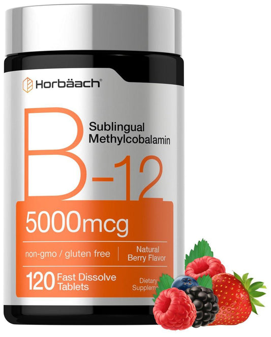 Horbäach B12 Vitamin 5000 mcg | 120 Schmelztabletten | Sublinguales Methylcobalamin | Natürlicher Beerengeschmack | Vegan, Non-GMO & Glutenfrei